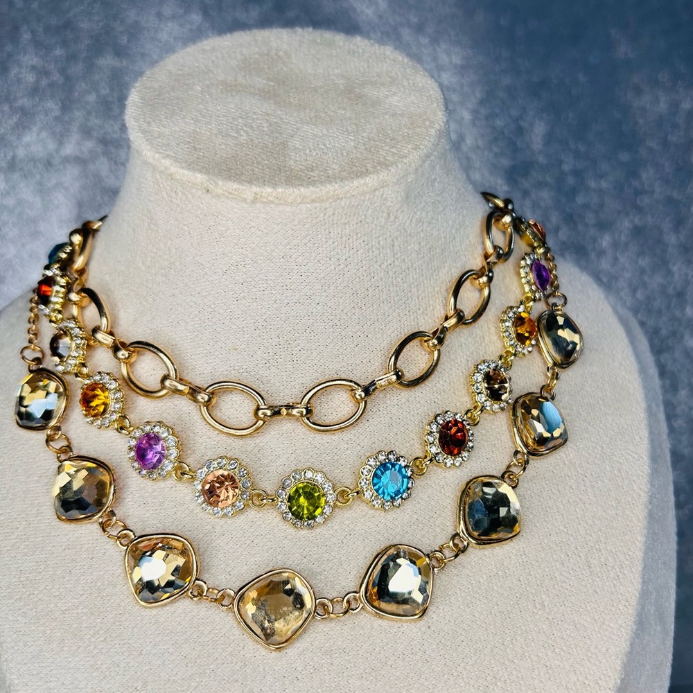 Statement Necklace Bundle Multicolor Gems On Gold… - image 1